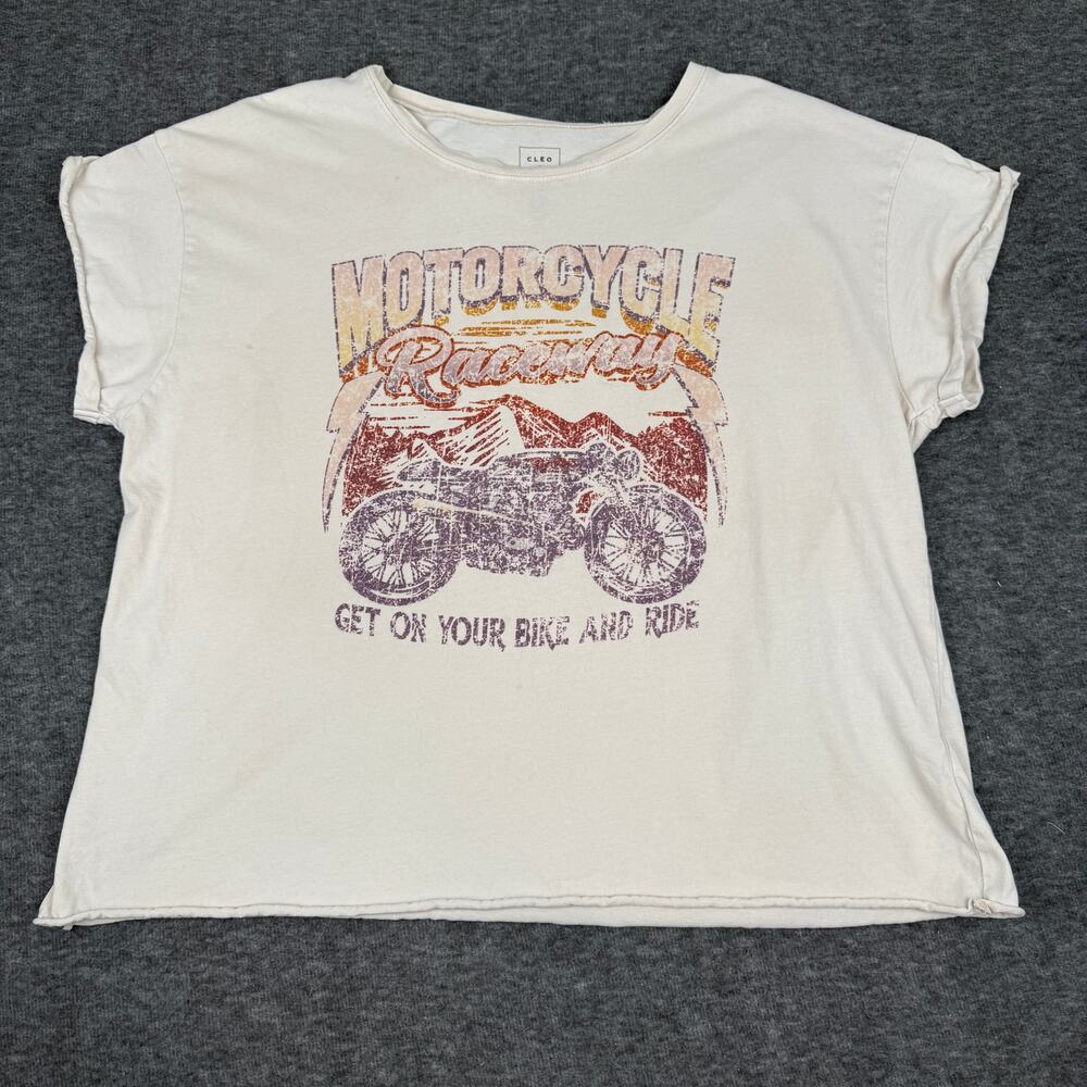 Cleo and Wolf Oversize Graphic Tee Women’s Large Pink Motorcycle Cotton Raw Hem